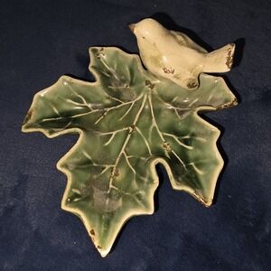 Bird On Leaf Ceramic Trinket Dish Creative Co-op Distressed Farmhouse Rustic